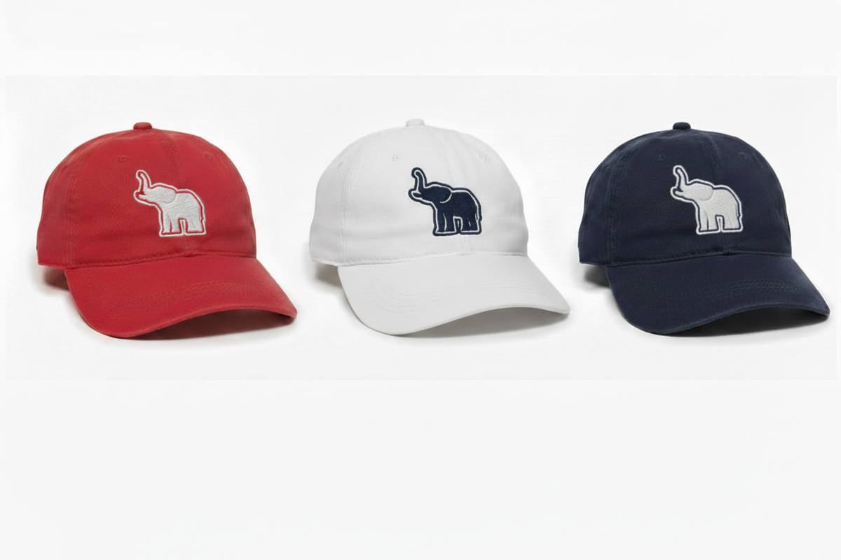 Navy cap with white elephant, navy border, and white outer border